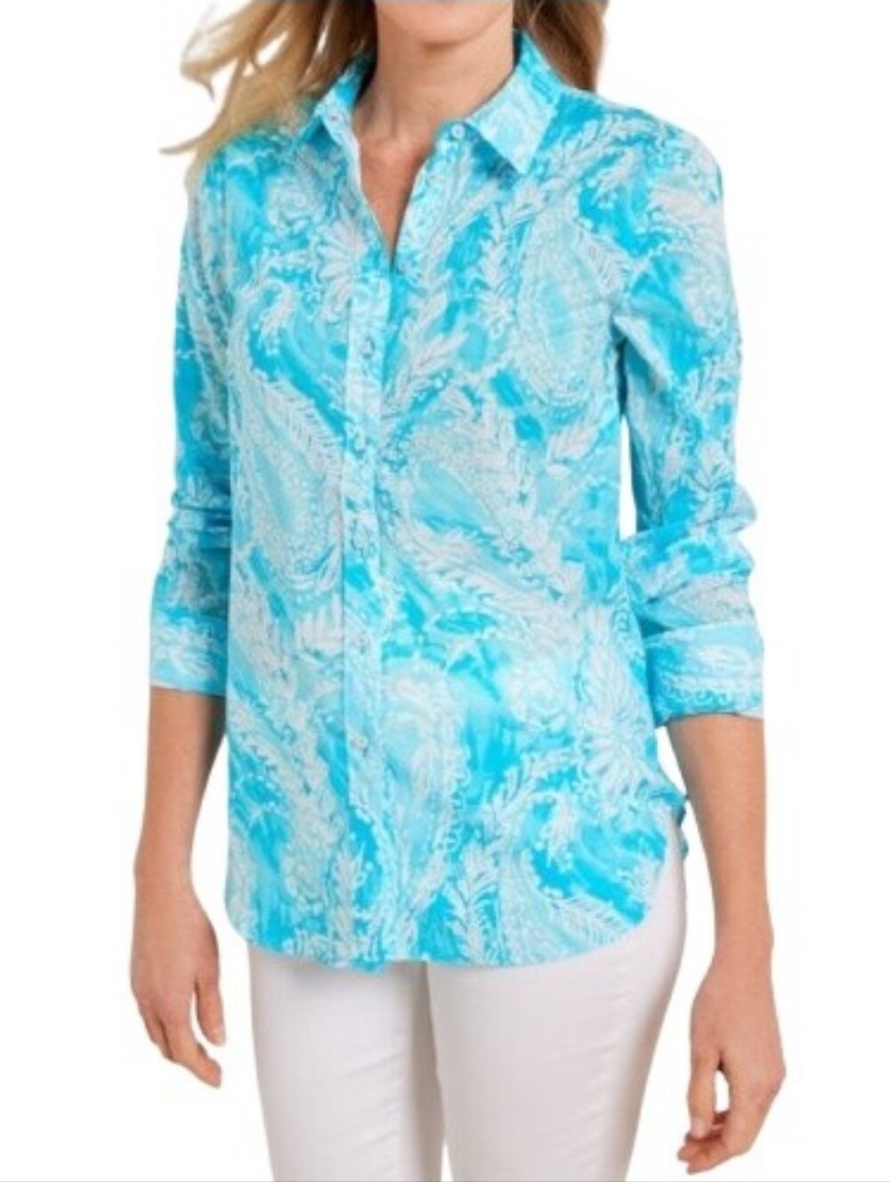 Talbots Plus Modern Classic Shirt Brushed Paisley Light Blue White 100% Cotton